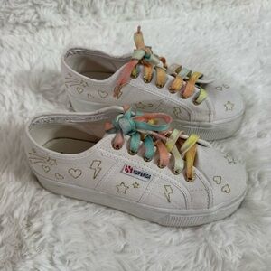 Superga White Platform Sneakers with Multicolor Laces Size 6
